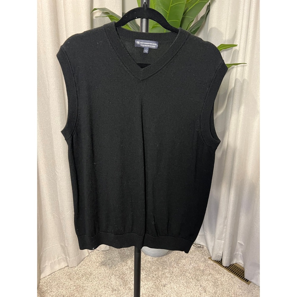 Hart Schaffner Marx Mens Black Extra Fine Merino Wool V-Neck Sweater Vest Large